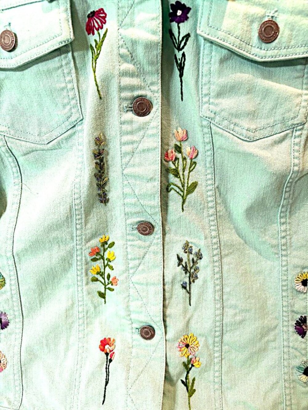 Women's Plus size Bohemian Hand Embroidered Frayed Mint Green Denim Jacket XXL - Picture 3 of 9